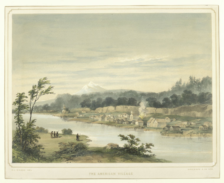 An 1849 view of Oregon City is depicted in this painting from the New York Public Library.
